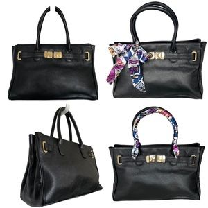 🆕2 for $210 Black Pebbled Leather Large Handbag Onna Ehrlich Golden Trim & Scarf
